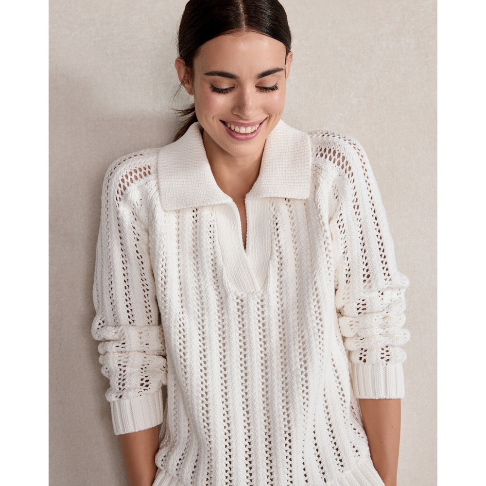 Haven Well Within Open Stitch Collar Pullover Cotton Blend Knit White Sweater XS